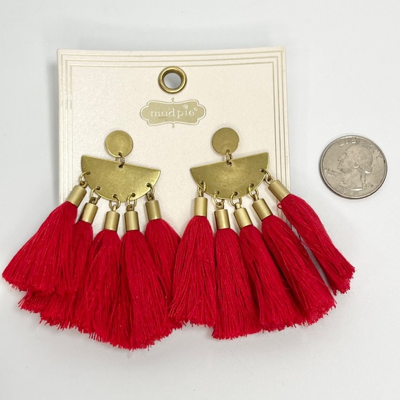 Mud Pie Red Tassel Fringe Earrings in Poinsettia - Picture 5 of 7